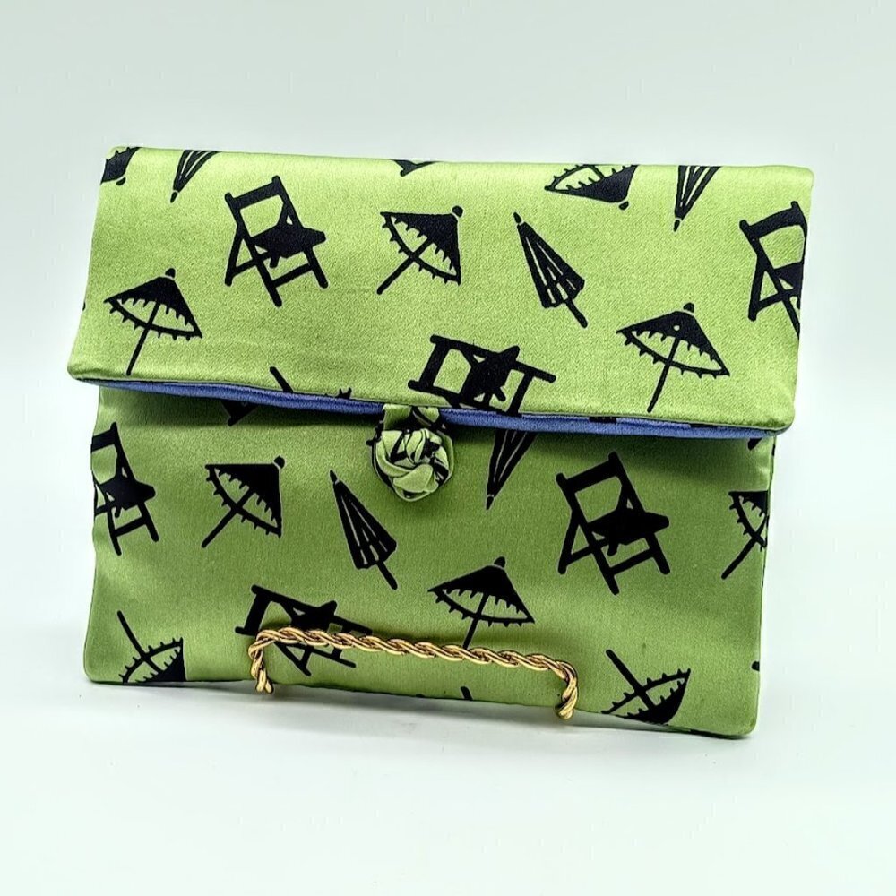 Blue Green Chairs Umbrellas Foldover Silk Purse